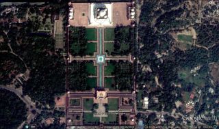 Several alignments have been discovered between the solstice sun and the waterways, pathways and pavilions of the Taj Mahal gardens. A physicist used high resolution Google Earth satellite imagery, combined with a program called Sun Calc, to make the discoveries. This image shows a Google Earth satellite view of the Taj Mahal and its gardens.