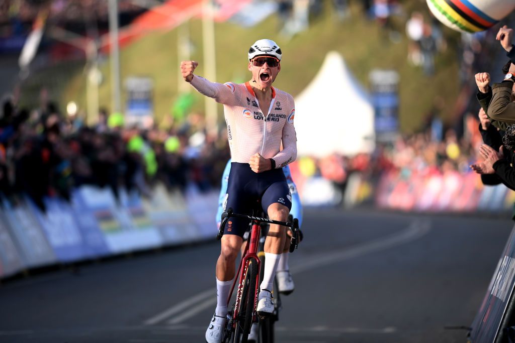 Mathieu van der Poel winning the Cyclocross World Championships in 2023