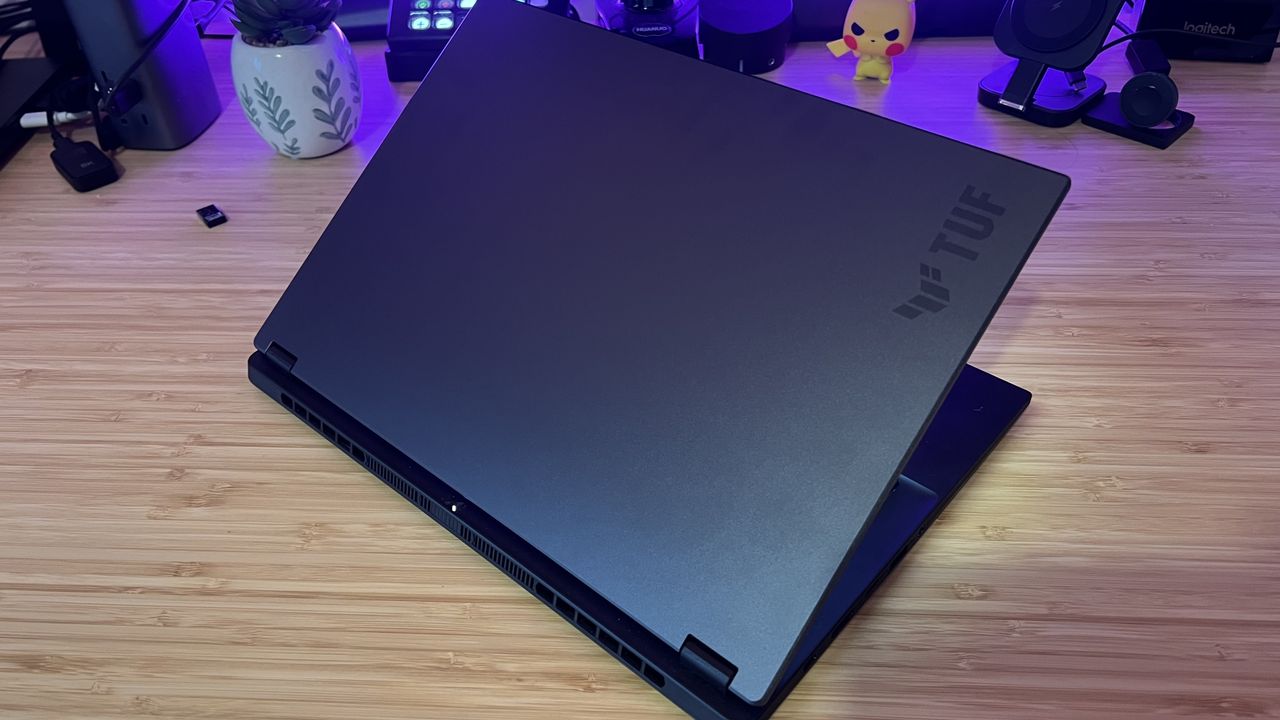Rear view of Asus TUF A14 lid showing slate gray aluminum design