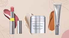 Trinny London products (L-R) Just Joyous Lipstick, Take Back Time Eye Treatment and BFF De-Stress Tinted Serum, on a beige background with pink swirls, circles and dots 