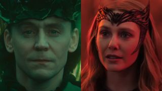 Loki (Tom Hiddleston) looks at his friends on Loki, and Wanda Maximoff/Scarlet Witch (Elizabeth Olsen) speaks to Stephen Strange in Doctor Strange in the Multiverse of Madness