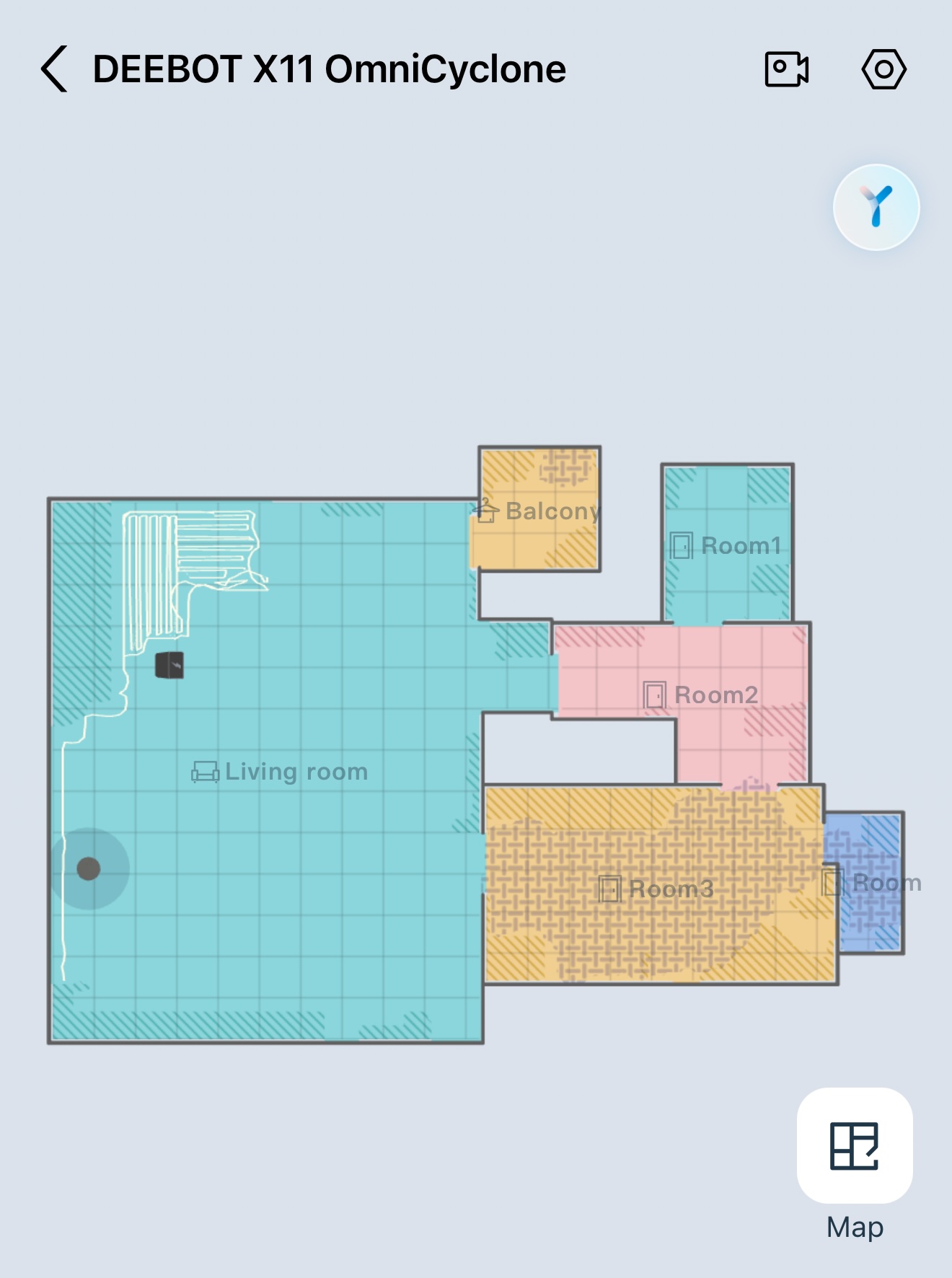 ECOVACS HOME app map created by the DEEBOT X11 OmniCyclone showing individual rooms and floor areas