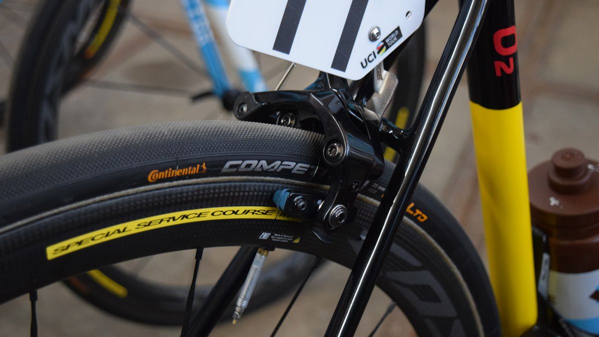 A closer look at the Shimano Dura-Ace R9100 rear brake on Oliver Naesen's Factor O2