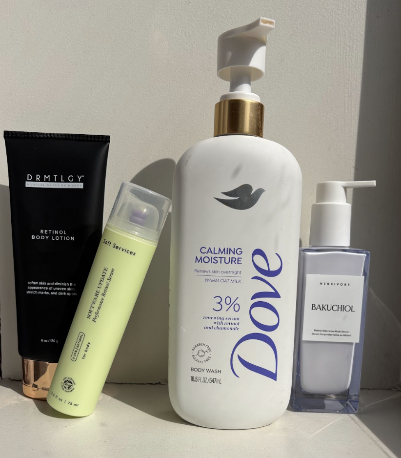 body retinol on a white background from drmtlgy, dove, herbivore, soft services