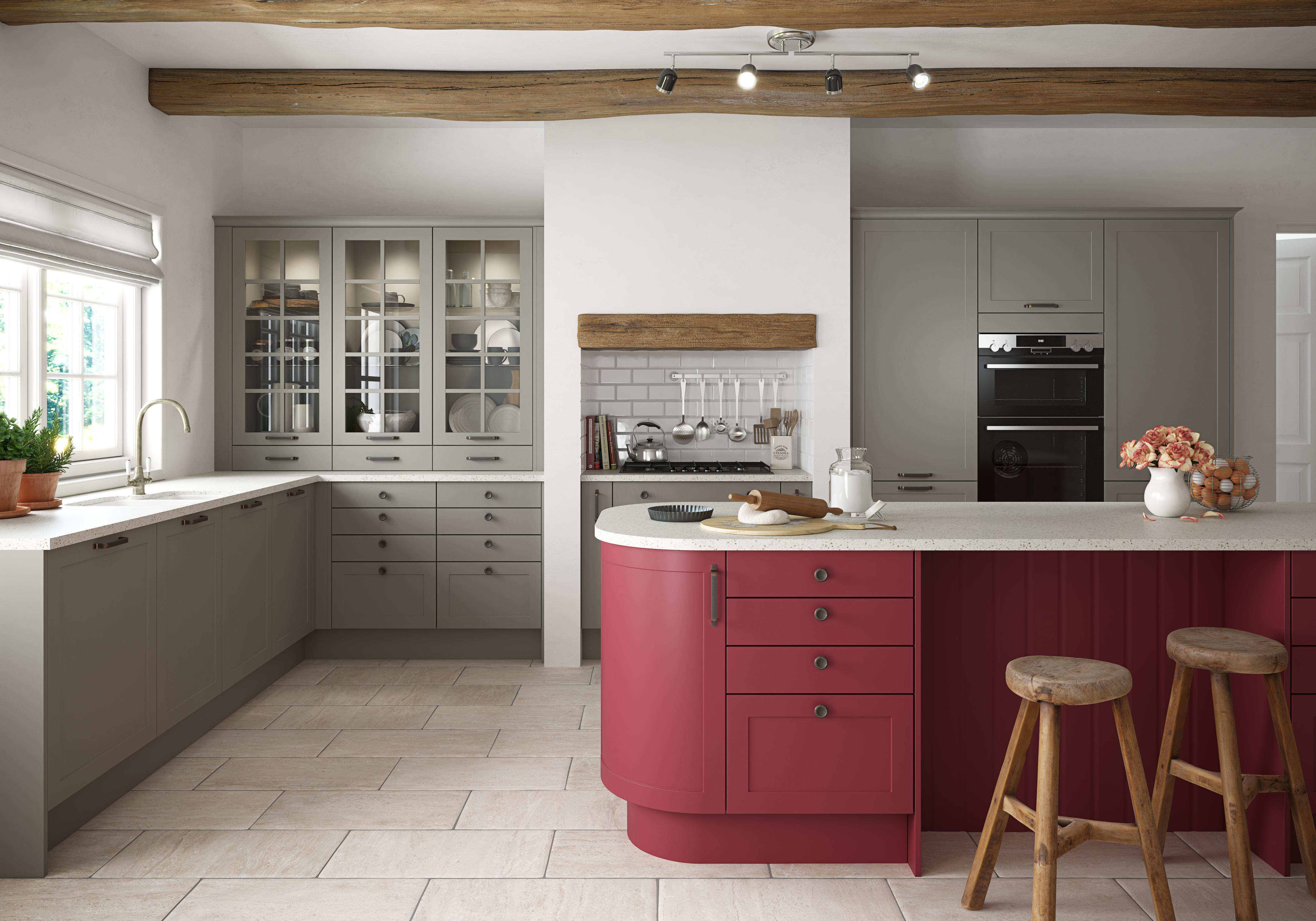 Magnet kitchen in grey with a dark red island