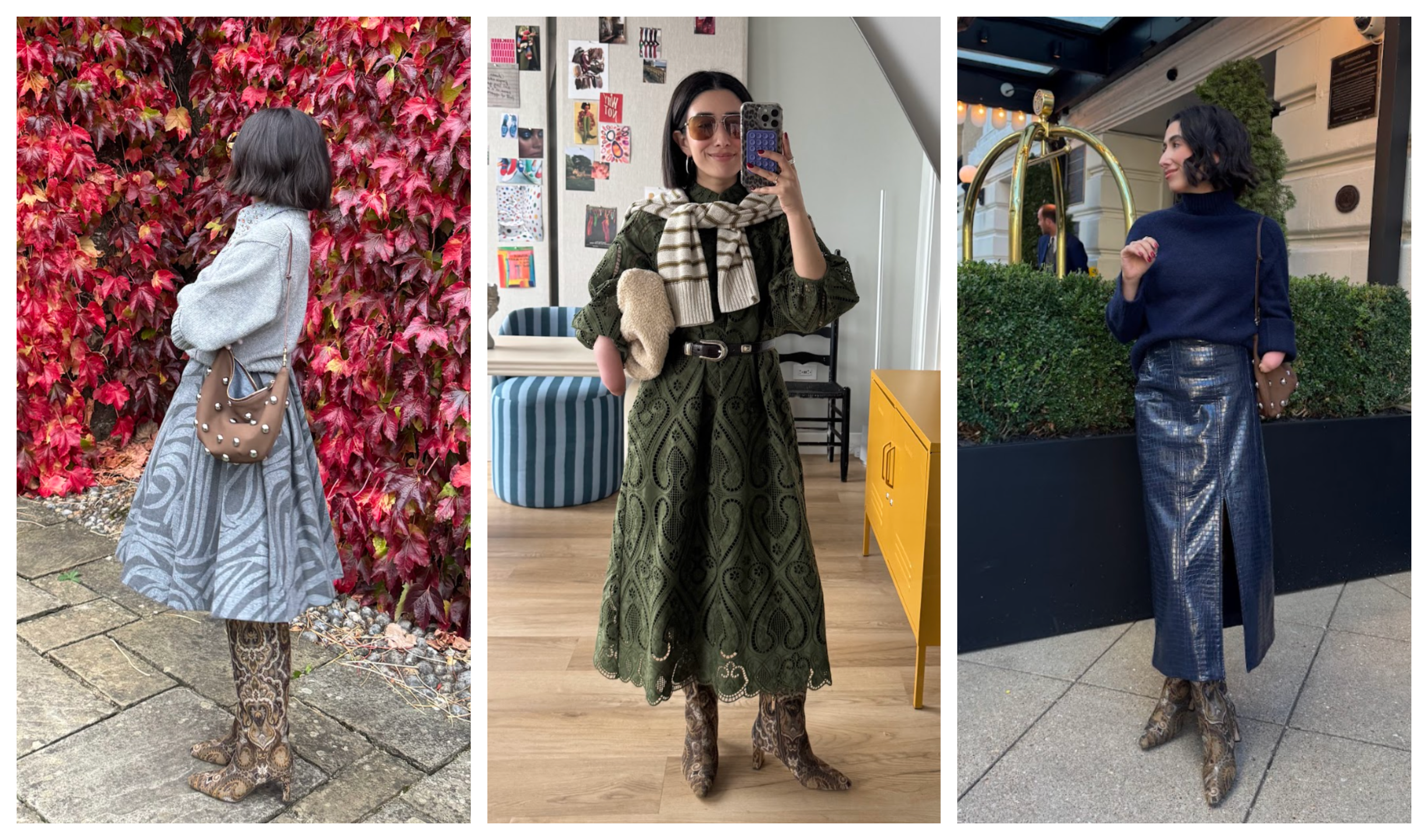 April Lockhart wearing brocade boots from Sam Edelman in front of plain backdrops