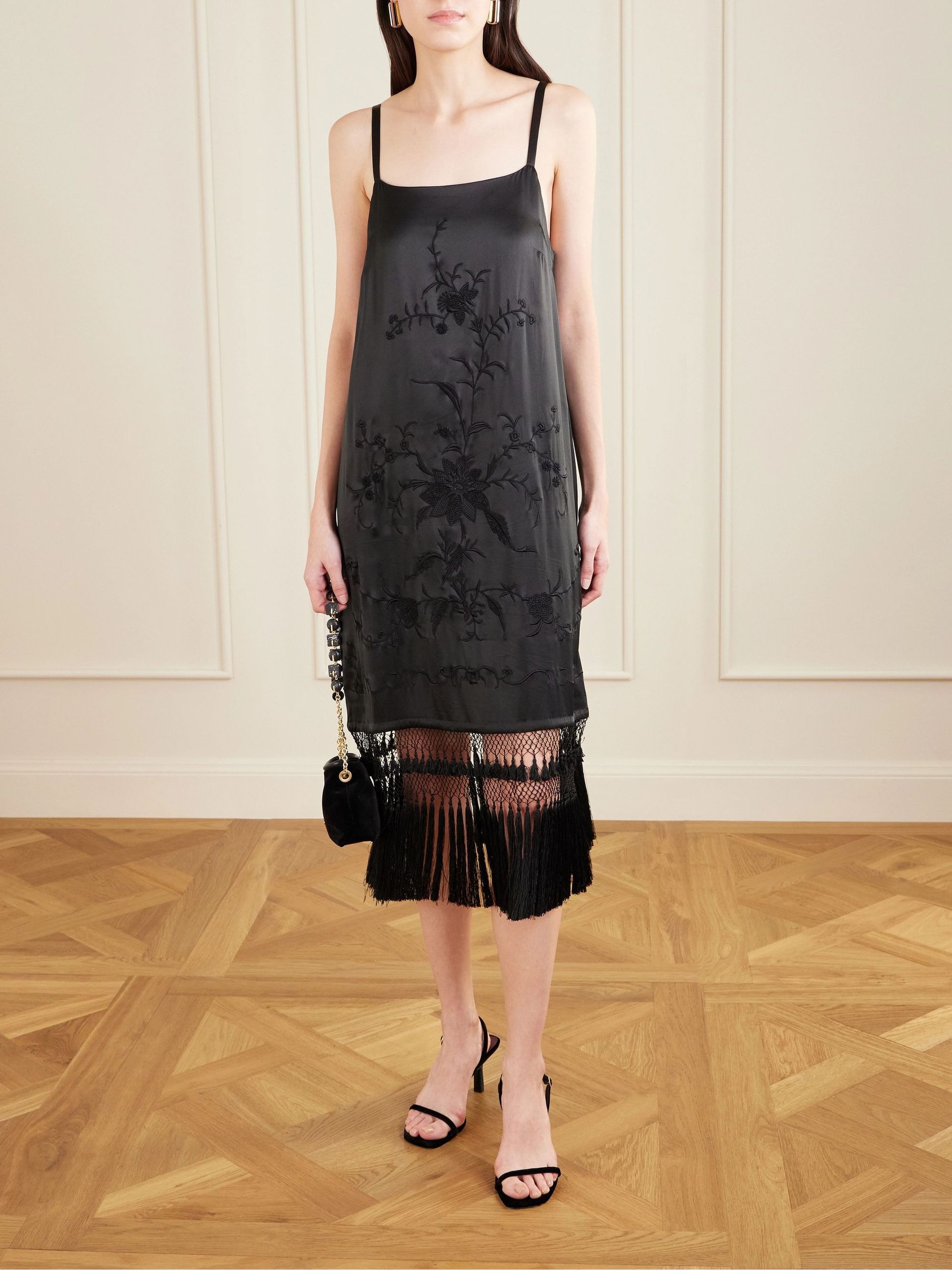 Bode, Fringed Embroidered Silk-Satin Midi Dress