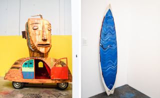 Side by side photos. Left: An orange VW car with its door open and a large face above. Right: A blue surf board.