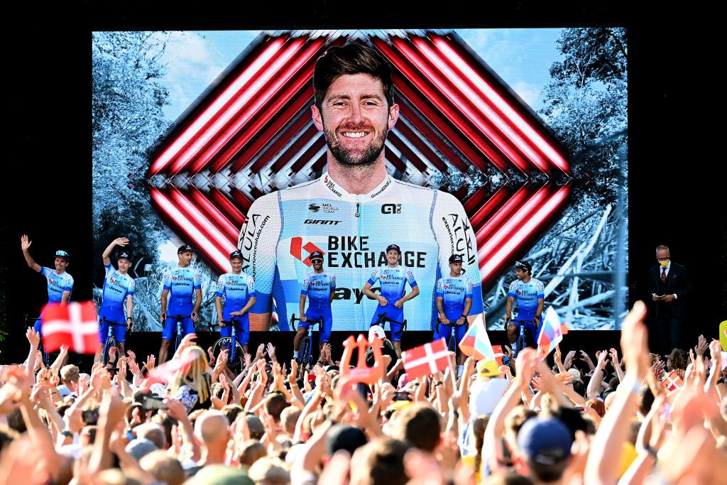 COPENHAGEN DENMARK JUNE 29 A general view of Jack Bauer of New Zealand Luke Durbridge of Australia Alexander Edmondson of Australia Dylan Groenewegen of Netherlands Amund Grndahl Jansen of Norway Michael Matthews of Australia Luka Mezgec of Slovenia Nicholas Schultz of Australia and Team BikeExchange Jayco during the Team Presentation of the 109th Tour de France 2022 at Tivoli Gardens in Copenhagen City TDF2022 on June 29 2022 in Copenhagen Denmark Photo by Stuart FranklinGetty Images