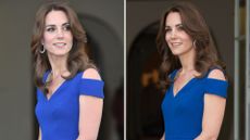 Composite of two pictures of Kate Middleton wearing a sapphire blue off-shoulder dress to a SportsAid dinner in 2016