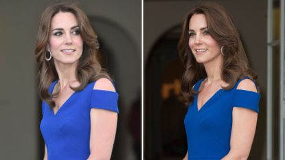 Composite of two pictures of Kate Middleton wearing a sapphire blue off-shoulder dress to a SportsAid dinner in 2016