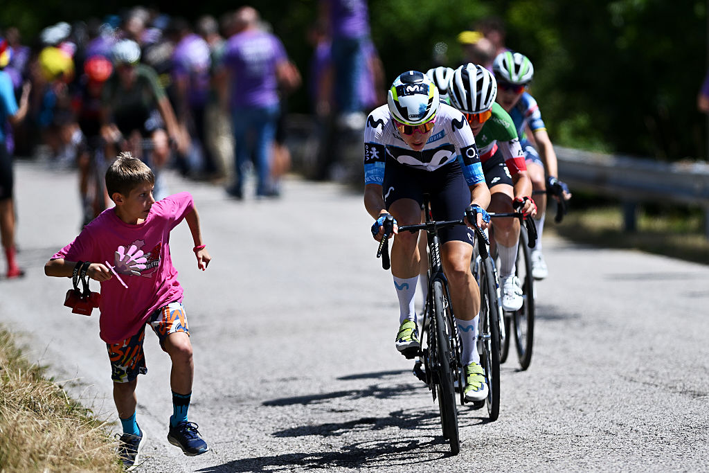 PIANEZZE, ITALY - JULY 09: Marlen Reusser of Switzerland and Team Movistar attacks during the 36th Giro d'Italia Women 2025, Stage 4 a 142km stage from Castello Tesino to Pianezze (Valdobbiadene) 1083m / #UCIWWT / on July 09, 2025 in Pianezze, Italy. (Photo by Luc Claessen/Getty Images)