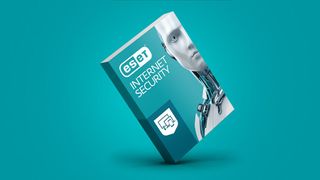 A textbook bearing the ESET Logo and a robot's face balancing on its point