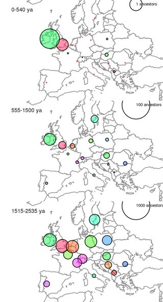 Maps that show where the distant cousins of modern-day people in the UK live, at three different levels of relatedness (recent on top, older on the bottom). Bigger circles mean more ancestors, and numbers give average number of shared genetic ancestors.