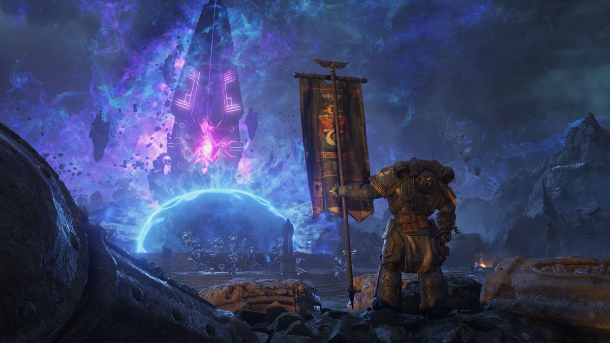 Space Marines looking over a warp rift on the planet of Demerium in Space Marine 2