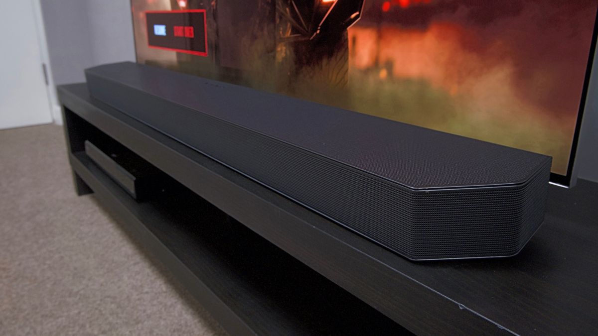 Samsung Q990C soundbar taken from side angle