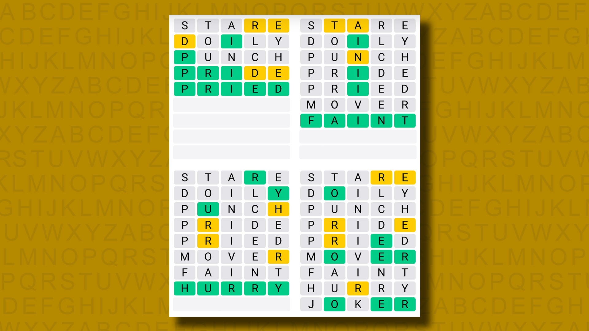 Quordle answers for game 1037 on a yellow background