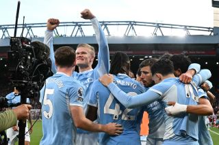 Manchester City's Norwegian striker #09 Erling Haaland celebrates