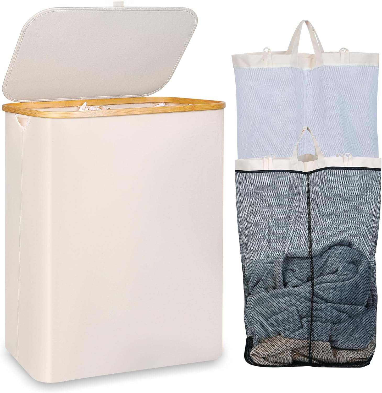 Iegrow Washing Basket for Laundry 150l Xl&amp;#65293;extra Large 2 Compartments Laundry Basket With Bamboo Handle and Lid, Dirty Clothes Storage Folable Laundry Hamper for Clothes Toys Towels (beige)