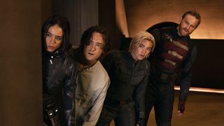 Ghost, Bob, Yelena, and US Agent peeking around a wall in Marvel's Thunderbolts* film