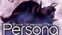 A dark, horned figure looms over the Shin Megami Tensei Persona logo, set against a hazy, light purple background with two small flying butterflies.