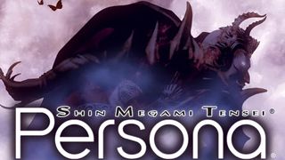 A dark, horned figure looms over the Shin Megami Tensei Persona logo, set against a hazy, light purple background with two small flying butterflies.