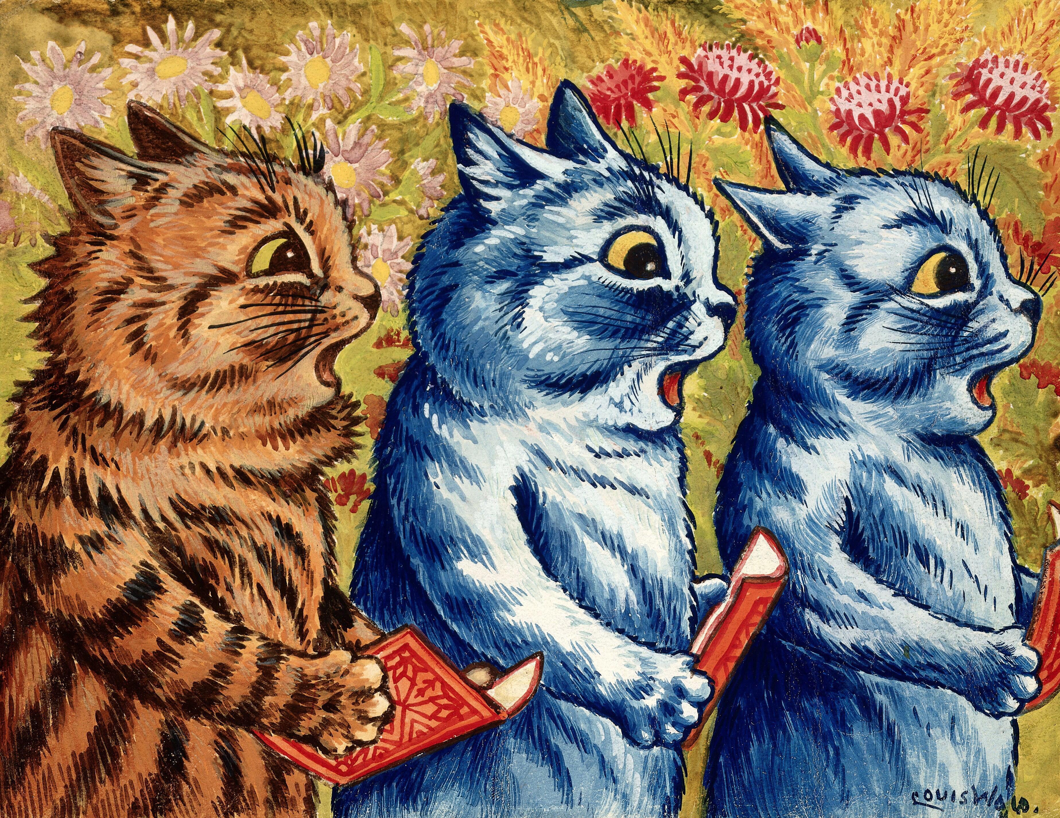 'Three Cats Singing' by Louis Wain shows two blue and one orange cat singing in a field of flowers