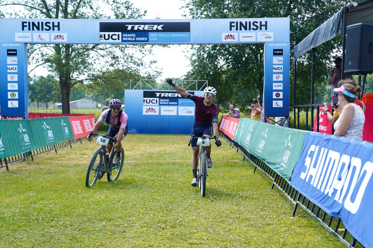 Ethan Overson crosses the line less than a bike length in front of Oakley Griffin.