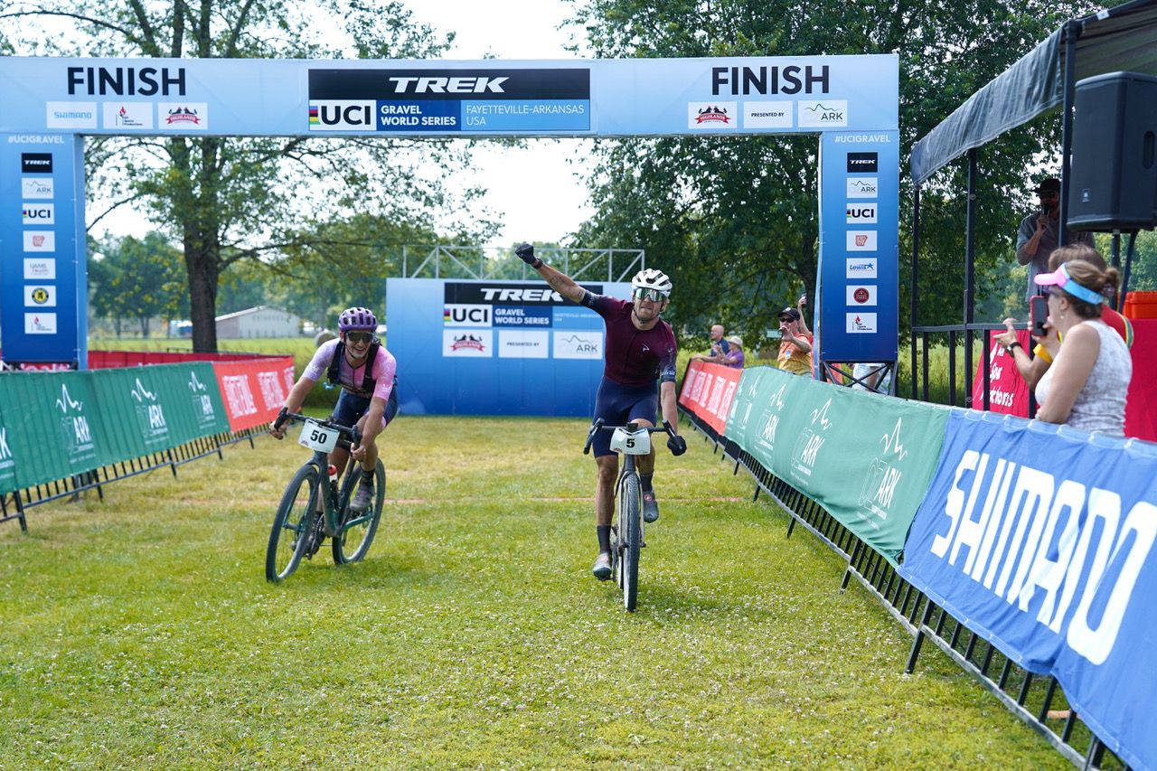Ethan Overson crosses the line less than a bike length in front of Oakley Griffin.