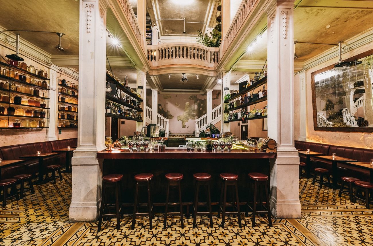 Bar interior with a balcony