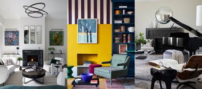 Three examples of, what can i put on my living room wall? Symmetrically styled living room with fireplace, artwork, mirrors. Colorful living room with bright yellow and red striped feature wall. Modern, relaxed living room with round mirror over fireplace, seating, coffee table, grand piano
