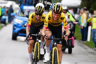 MONTE BONDONE ITALY MAY 23 EDITORS NOTE Alternate crop LR Primo Rogli of Slovenia and Sepp Kuss of The United States and Team JumboVisma compete in the chase group during the 106th Giro dItalia 2023 Stage 16 a 203km stage from Sabbio Chiese to Monte Bondone 1642m UCIWT on May 23 2023 in Monte Bondone Italy Photo by Tim de WaeleGetty Images