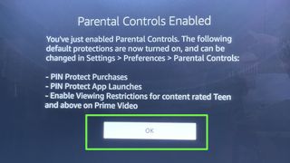 fire tv setup screen with parental controls info.