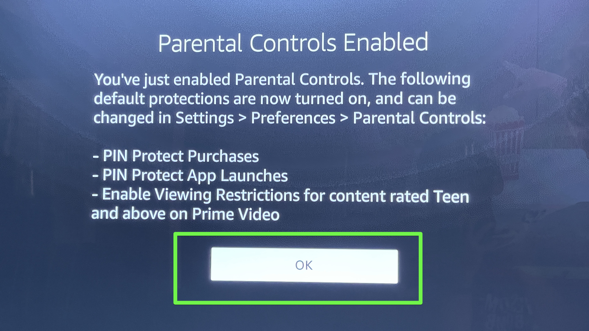 fire tv setup screen with parental controls info.