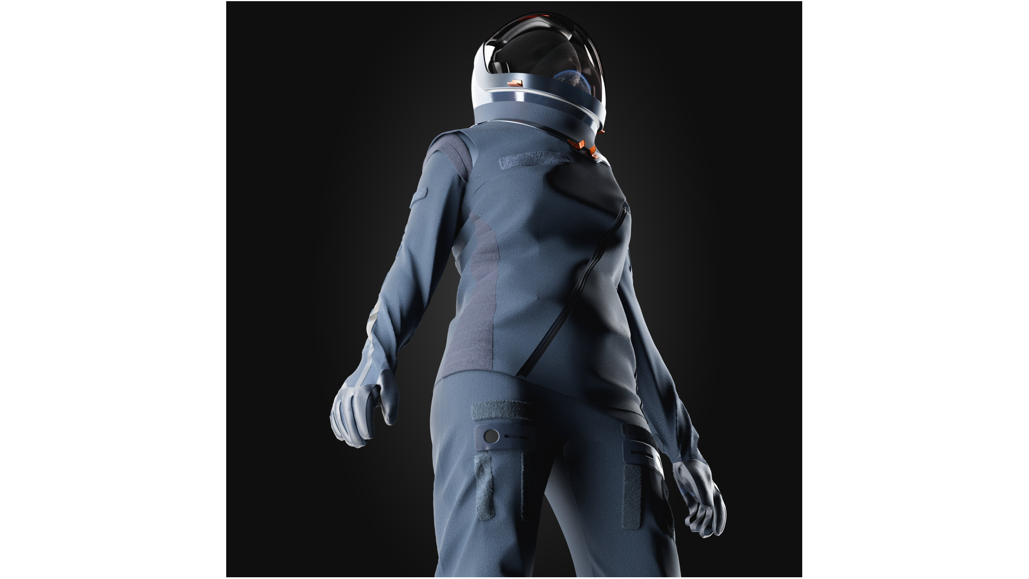 photo of a person wearing a dark blue spacesuit with a helmet, against a black background