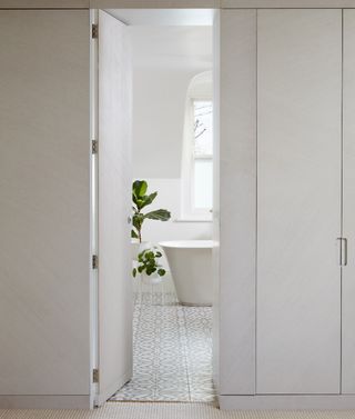 Attic ensuite bathroom with concealed door from bedroom