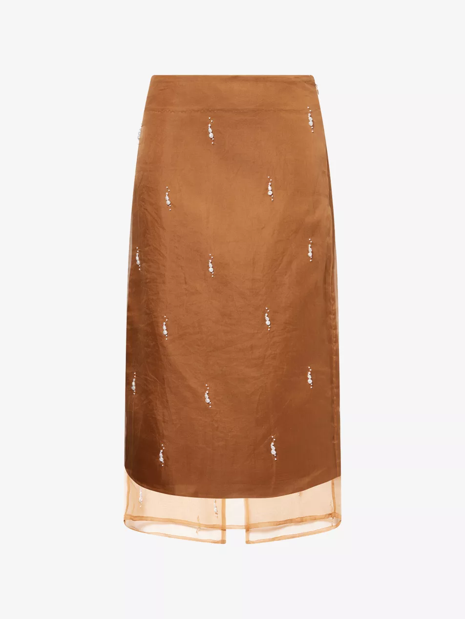Pearl-Embroidered Silk Midi Skirt - 6