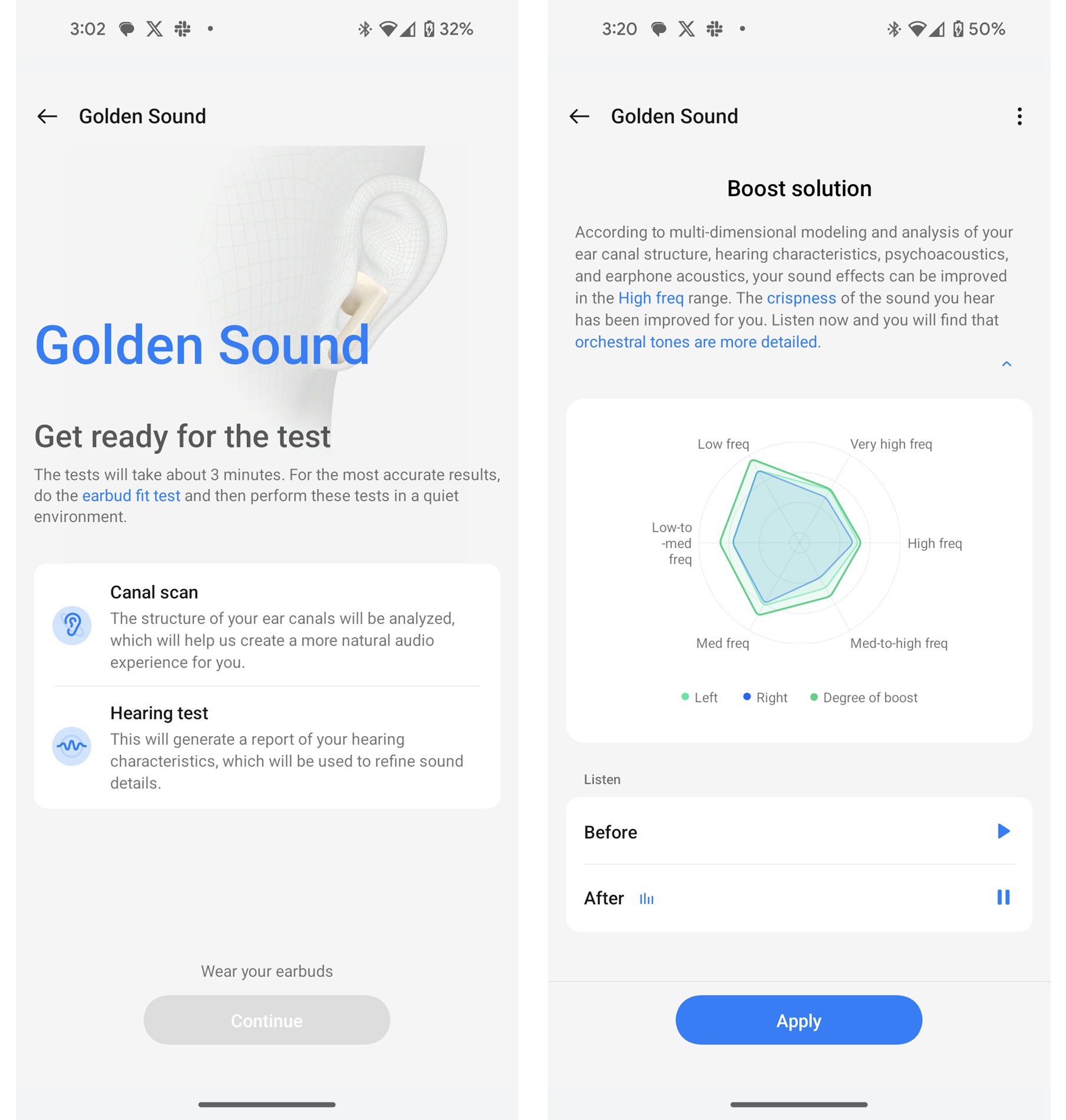 Screenshots showing the OnePlus Buds 3 setting up Golden Sound..