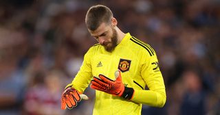 Real Madrid Manchester United goalkeeper David De Gea looks dejected during the Premier League match between West Ham United and Manchester United at London Stadium on May 7, 2023 in London, United Kingdom.