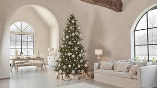 all white christmas tree in Scandi style room