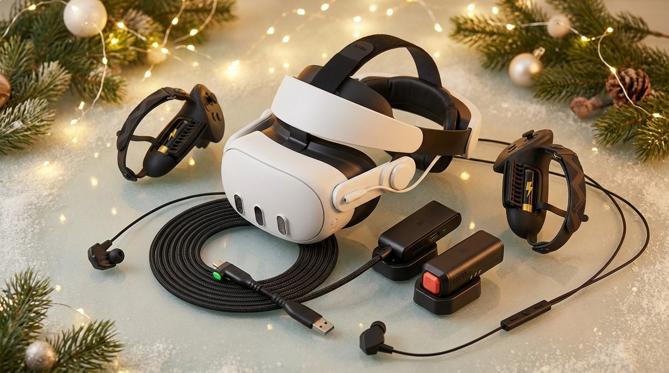 Meta Quest 3 VR accessories collage with Christmas background