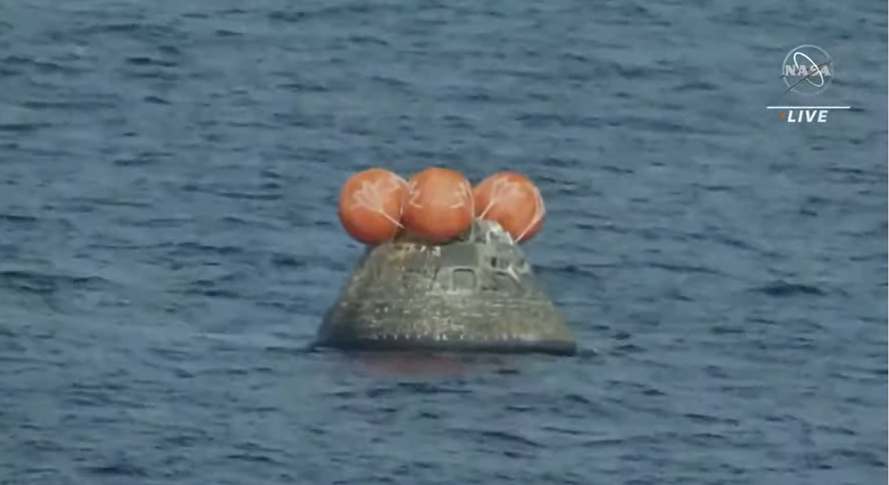 NASA's Artemis 1 Orion spacecraft floats in the Pacific Ocean after a successful splashdown on Dec. 11, 2022.