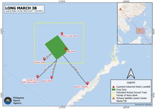 This map released by the Philippine Space Agency shows the danger zone for potential rocket debris from China's Long March 3B launch on Dec. 29, 2022.