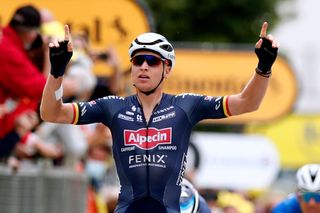 PONTIVY FRANCE JUNE 28 Tim Merlier of Belgium and Team AlpecinFenix stage winner celebrates at arrival during the 108th Tour de France 2021 Stage 3 a 1829km stage from Lorient to Pontivy LeTour TDF2021 on June 28 2021 in Pontivy France Photo by Benoit Tessier PoolGetty Images