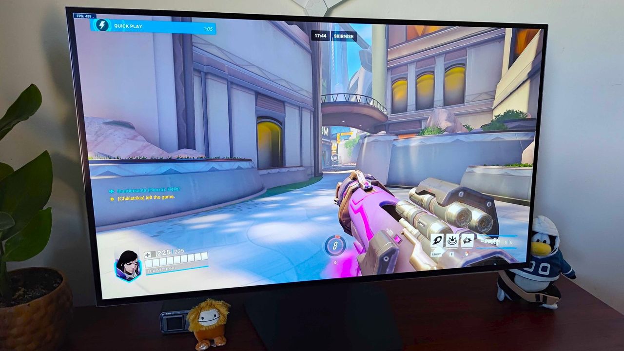 LG UltraGear 32GS95UE-B with Overwatch 2 gameplay on screen with resolution at 1080p 480Hz