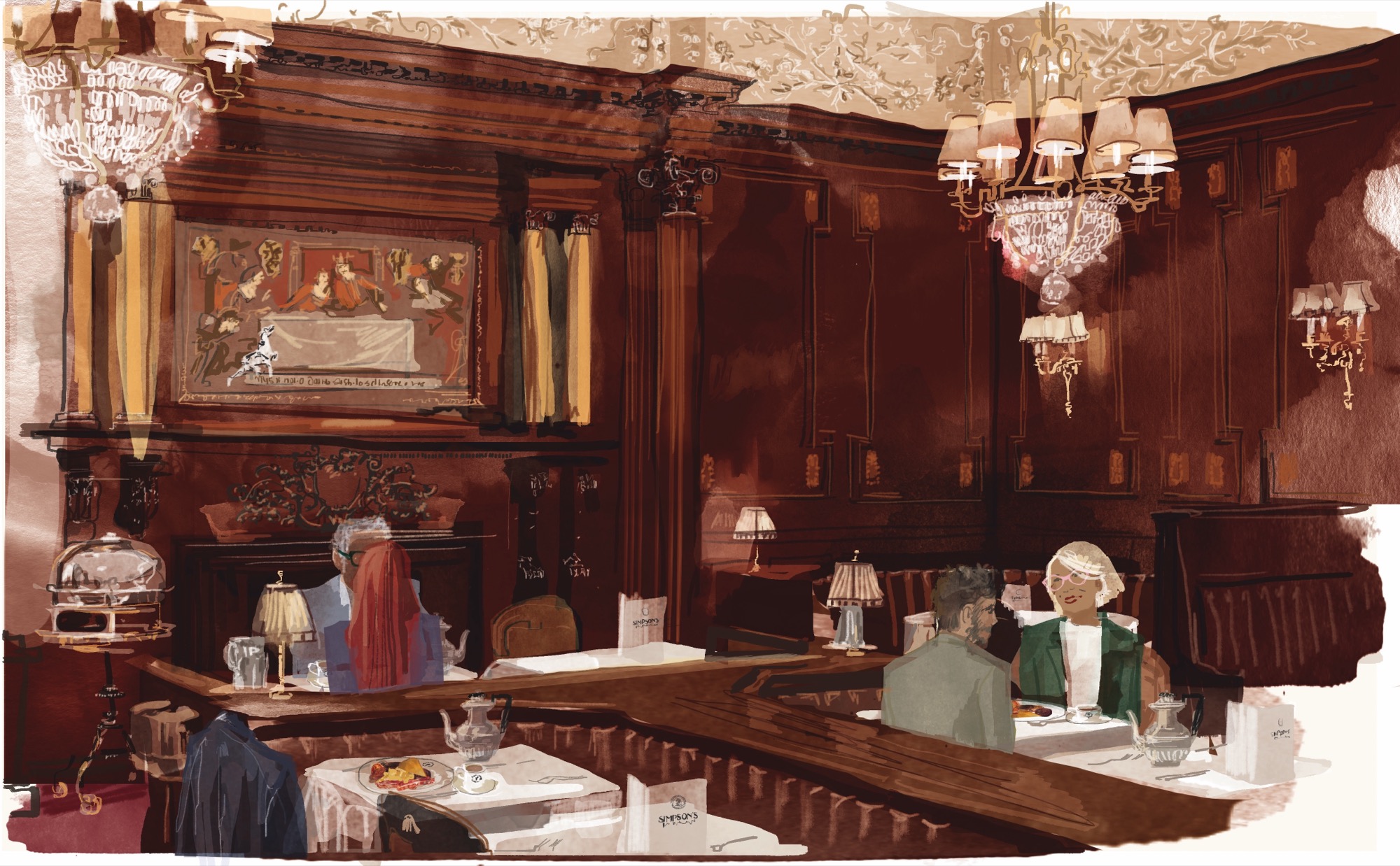 A watercolour-style illustration of the interior of Simpson's-in-the-Strand