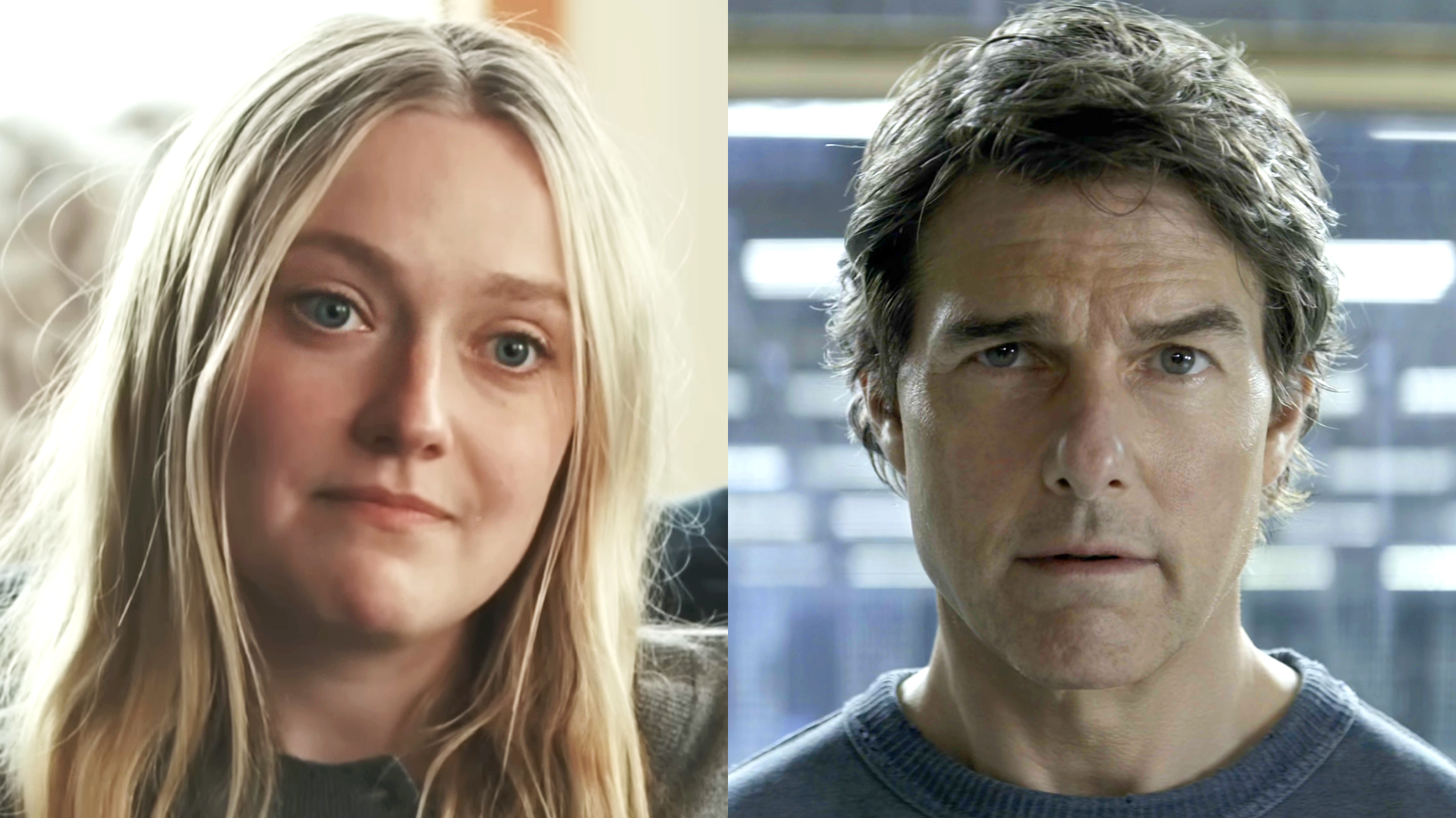 Dakota Fanning in a grey t-shirt in The Sun Never Sets (2026), Tom Cruise in a Grey t-shirt in Mission:Impossible-Final Reckoning.