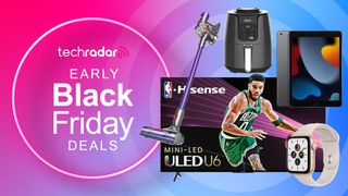 Hisense TV, vacuum, air fryer, iPad and Apple Watch next to the TechRadar early Black Friday deals logo