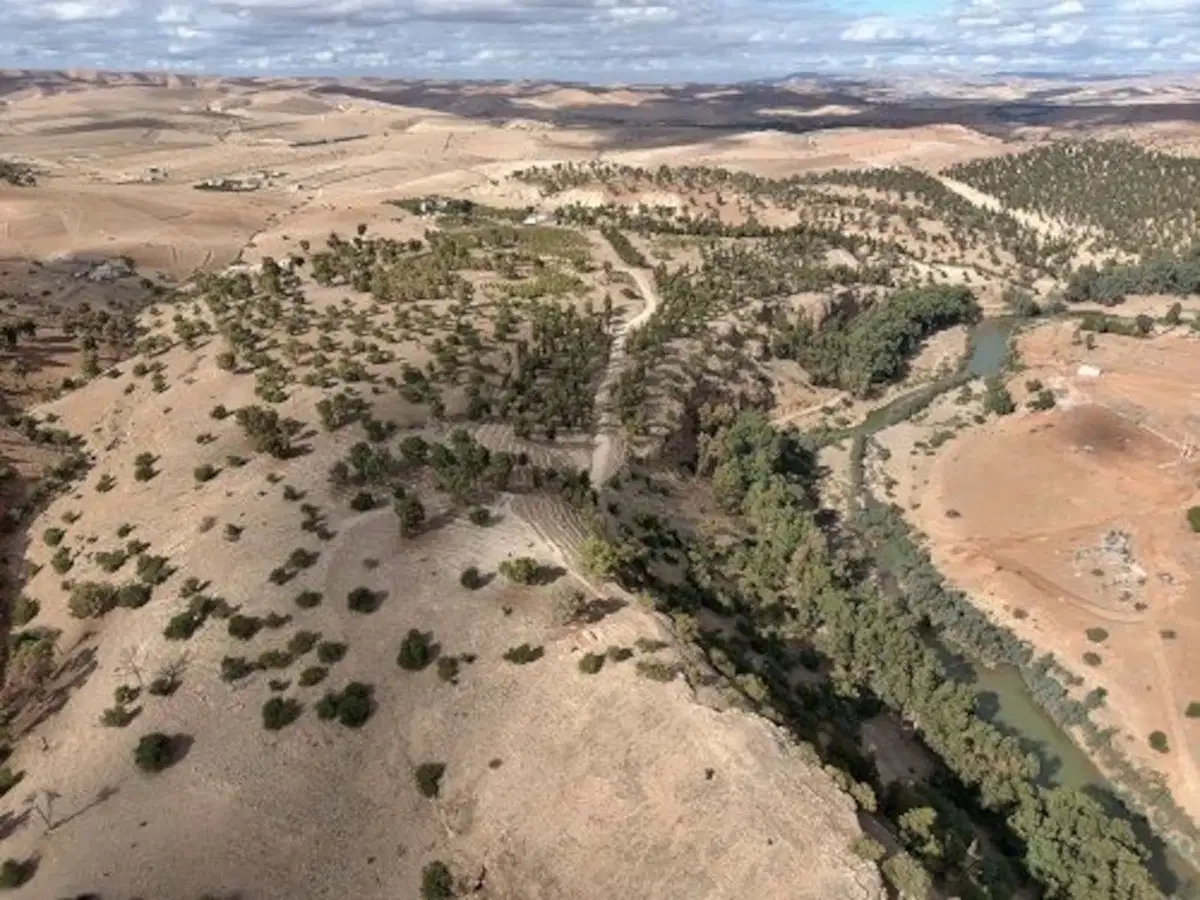 Aerial views of two hills with trees on them.