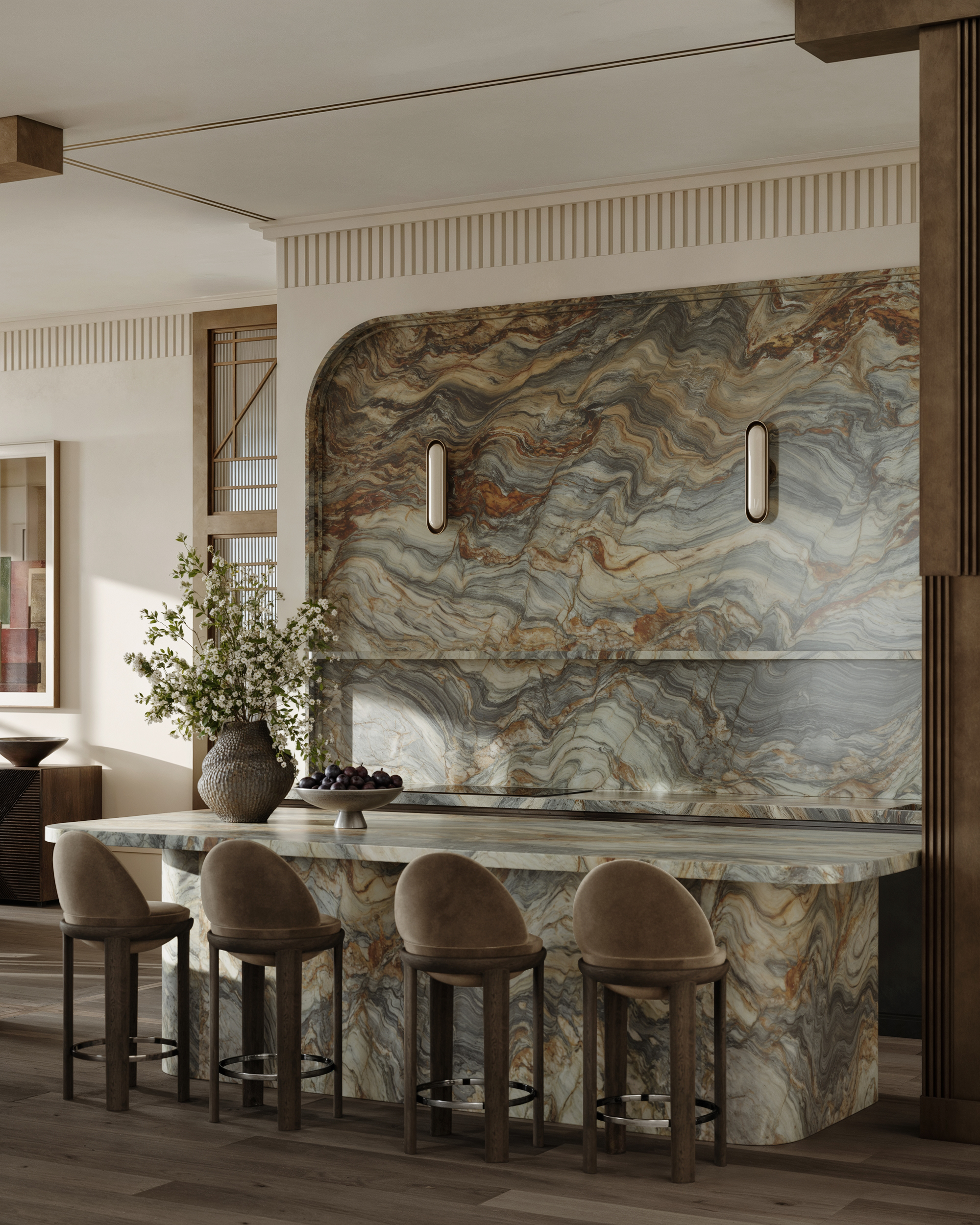 A kitchen designed in one material, a wavy marble used across the island and backsplash